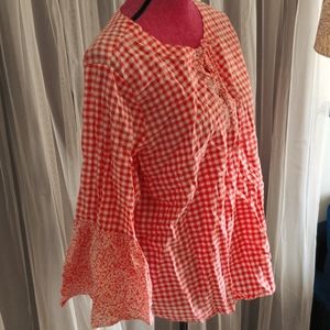 Red Gingham 100% Cotton Floral Bell Sleeve Tie Blouse XL